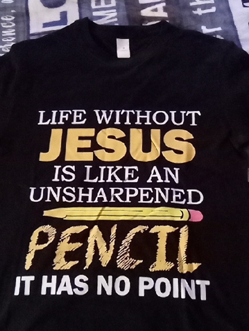Kids Black Short-Sleeve Tee with Gold 'Jesus' Pencil Graphic